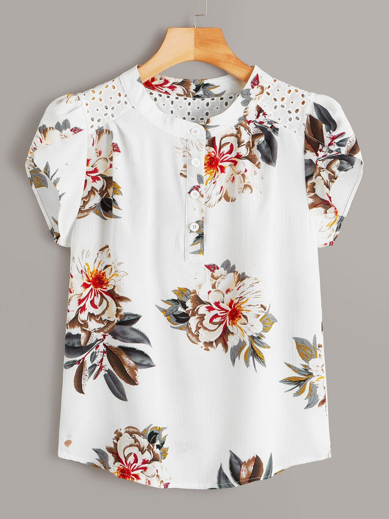 Eyelet Embroidered Floral Print Top's