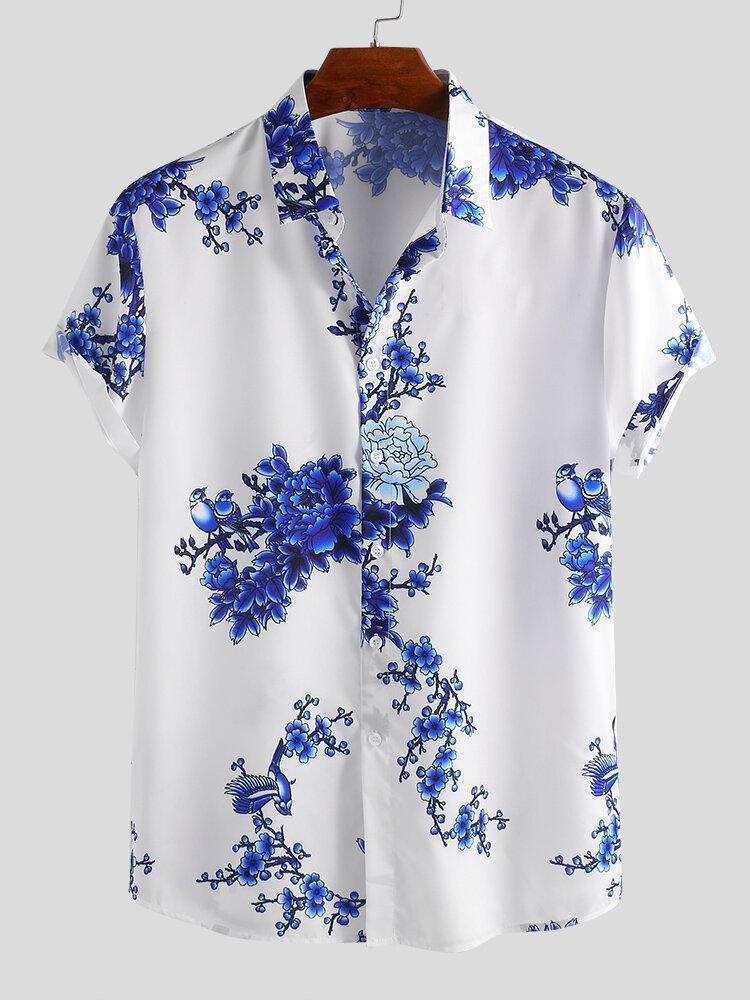 White and Blue Floral printed Casual Shirts for men