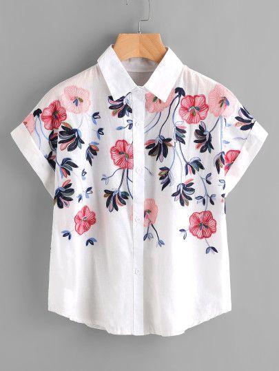Embroidery Rolled Sleeve Shirt for woman