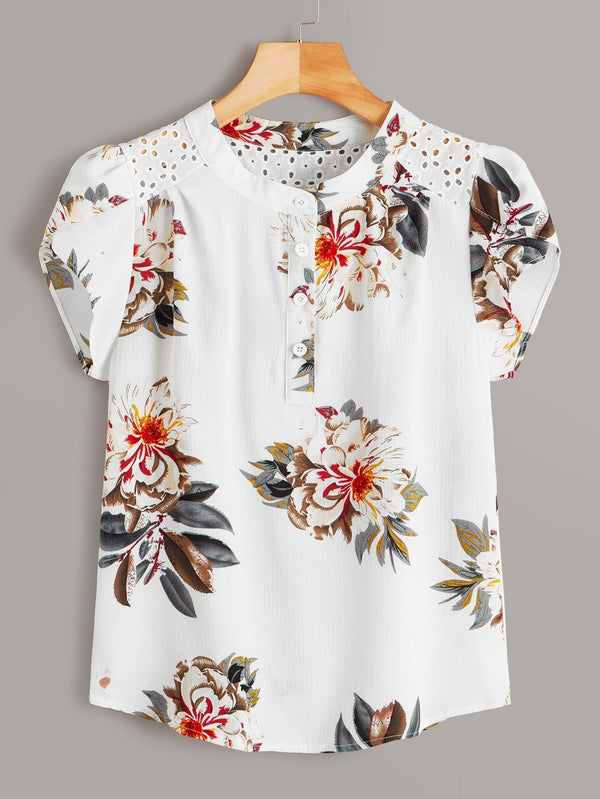 Eyelet Embroidered Floral Print Top's