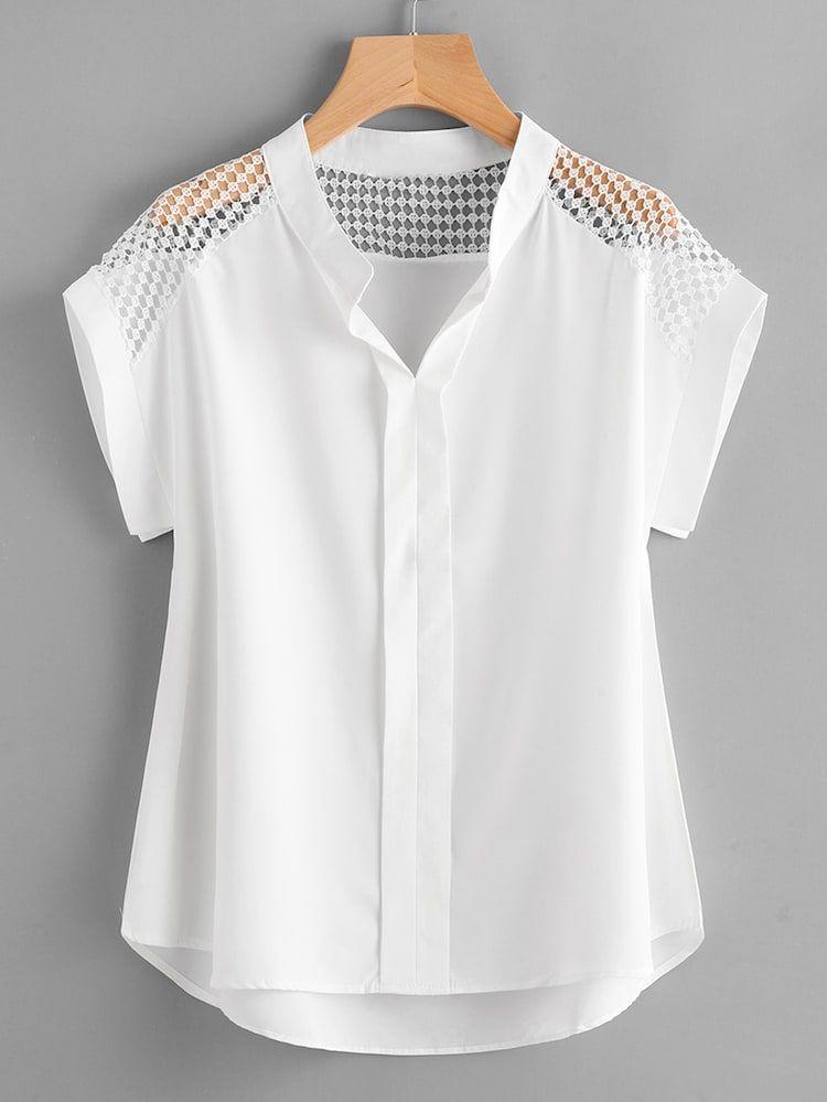 Hollow Out Lace Panel Dip Hem Top