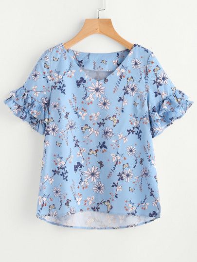 Layered Ruffle Sleeve Stepped Hem Botanical Top