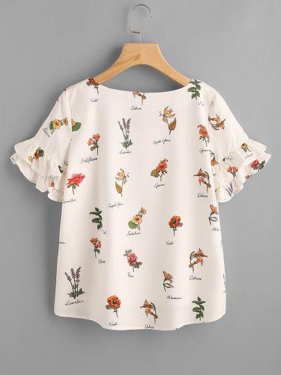 Layered Ruffle Sleeve Stepped Hem Botanical Top