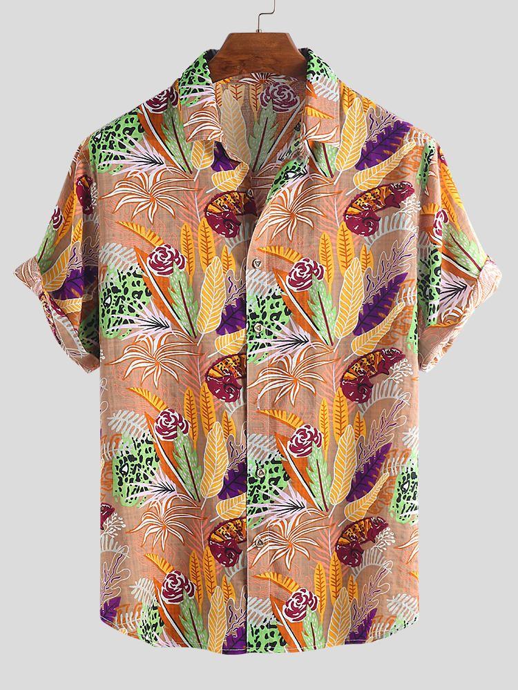 Men Hawaiian Colorful Leaf Printed Short Sleeve Loose Shirts