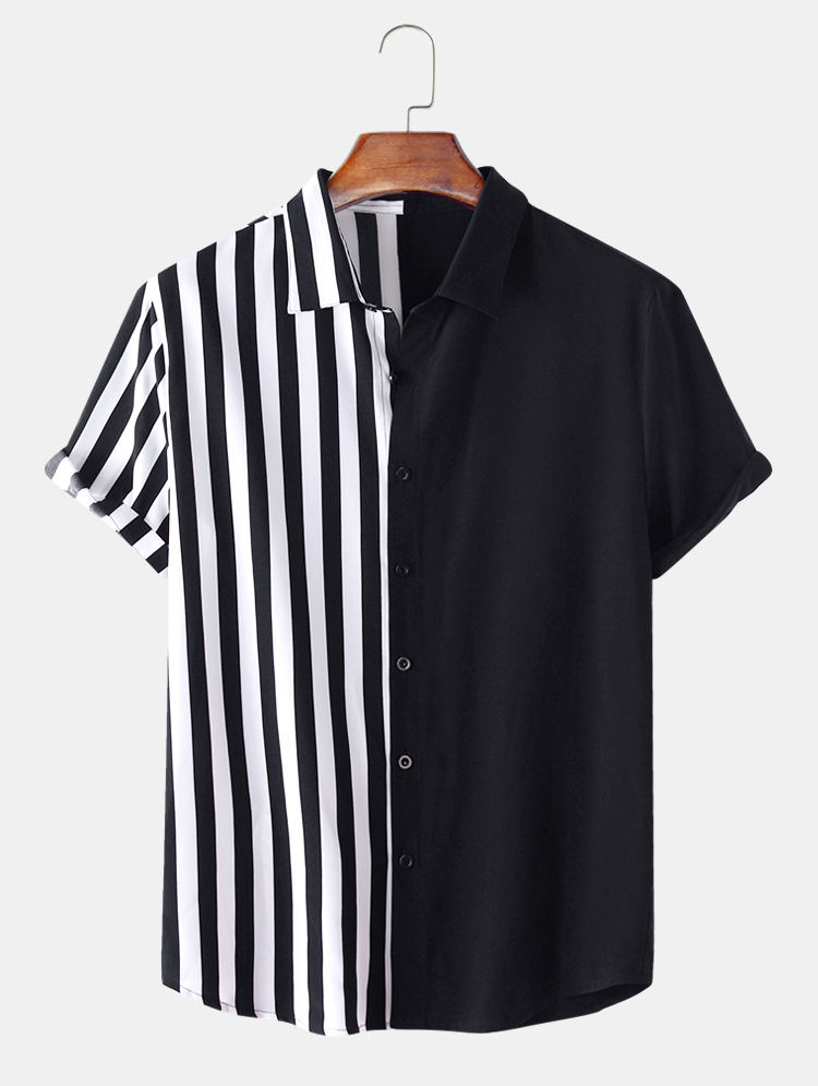 Men Patchwork Stripe Contrast Color Casual Shirt