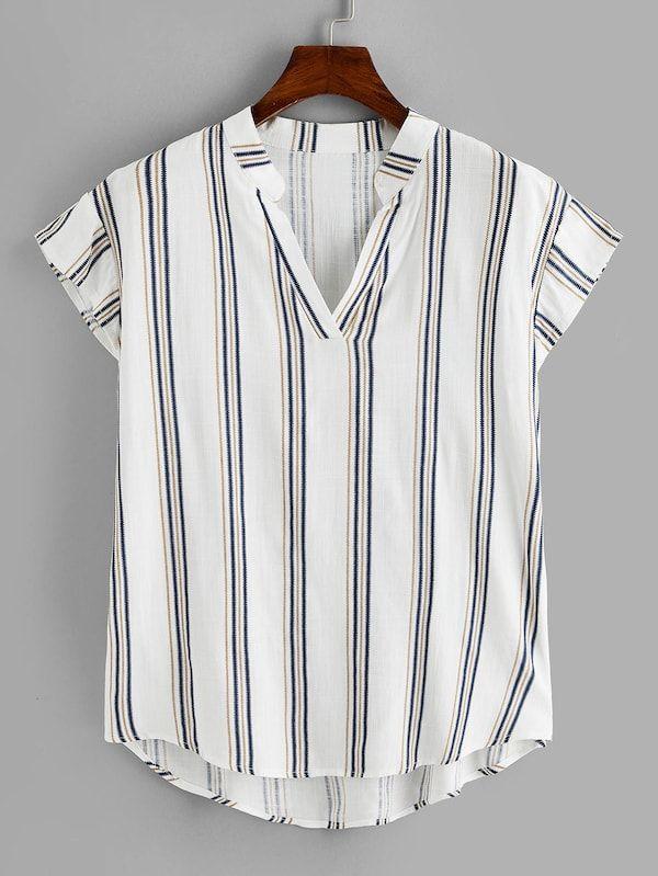 Plus Dip Hem Striped V-neck Top