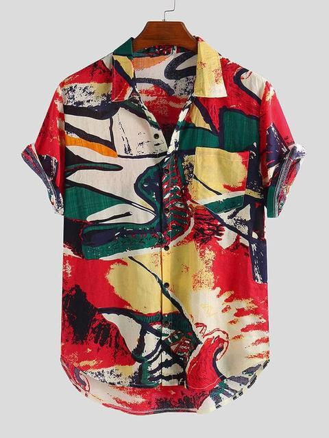 Men Newspaper Printed Revere Collar Shirt