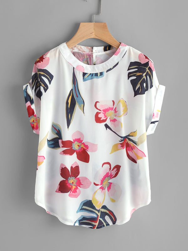 Random Florals Curved Hem Cuffed Top