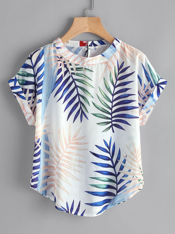 Random Leaf Print Curved Hem Cuffed Top