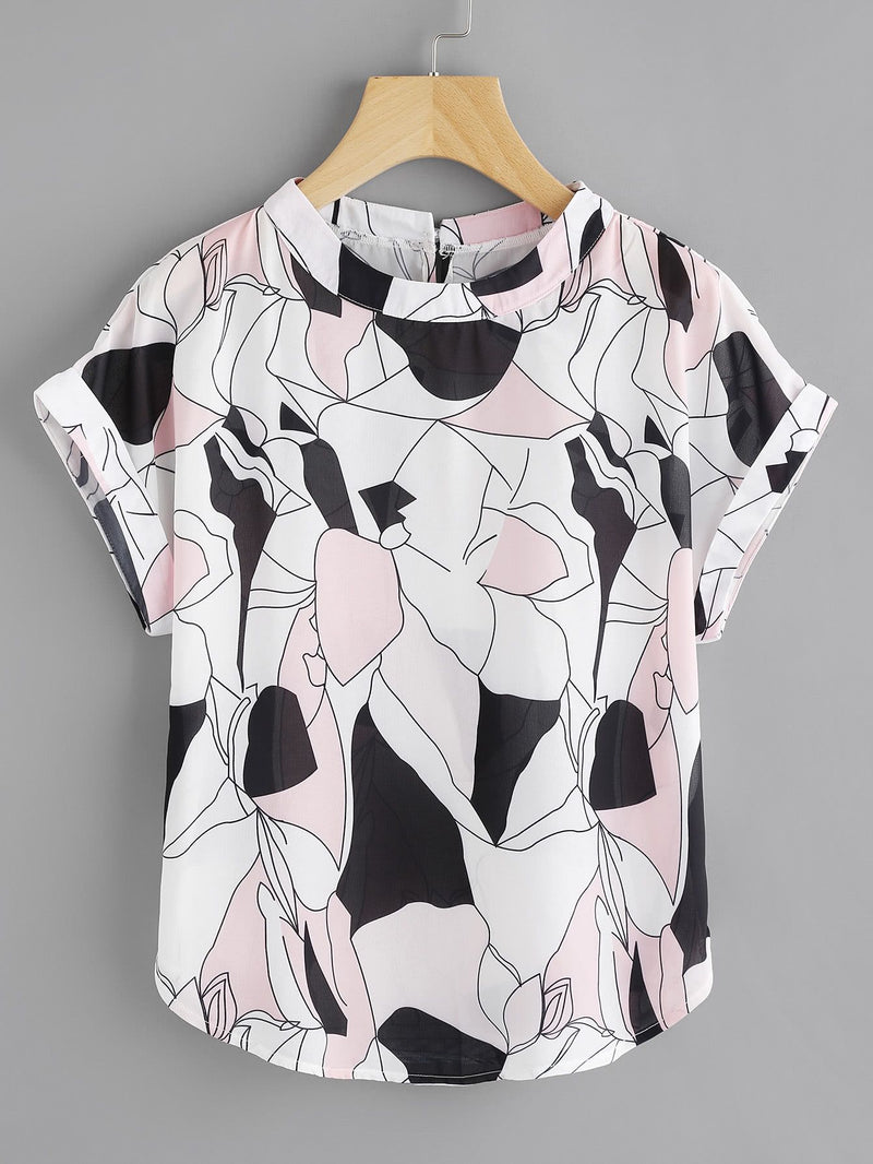 Shop Abstract Print Curved Hem Cuffed Top
