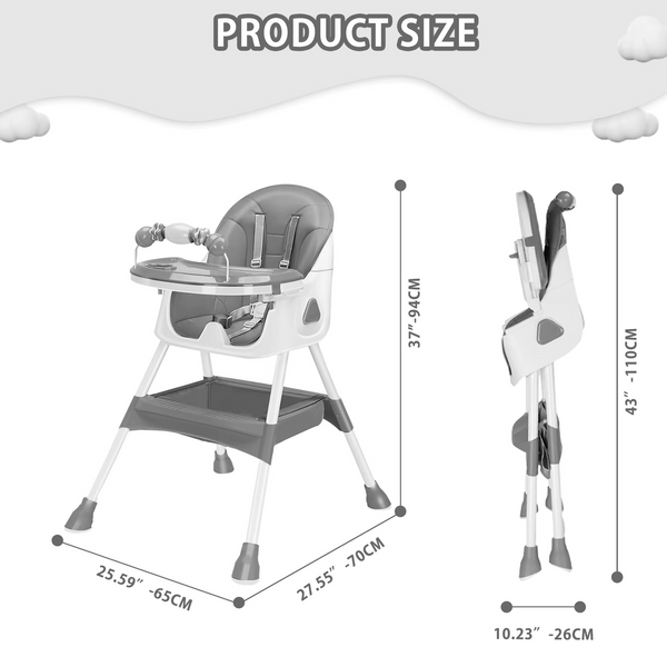 Folding high chair 6 months plus, with large non-slip cushion and toy rack, easy to clean feeding